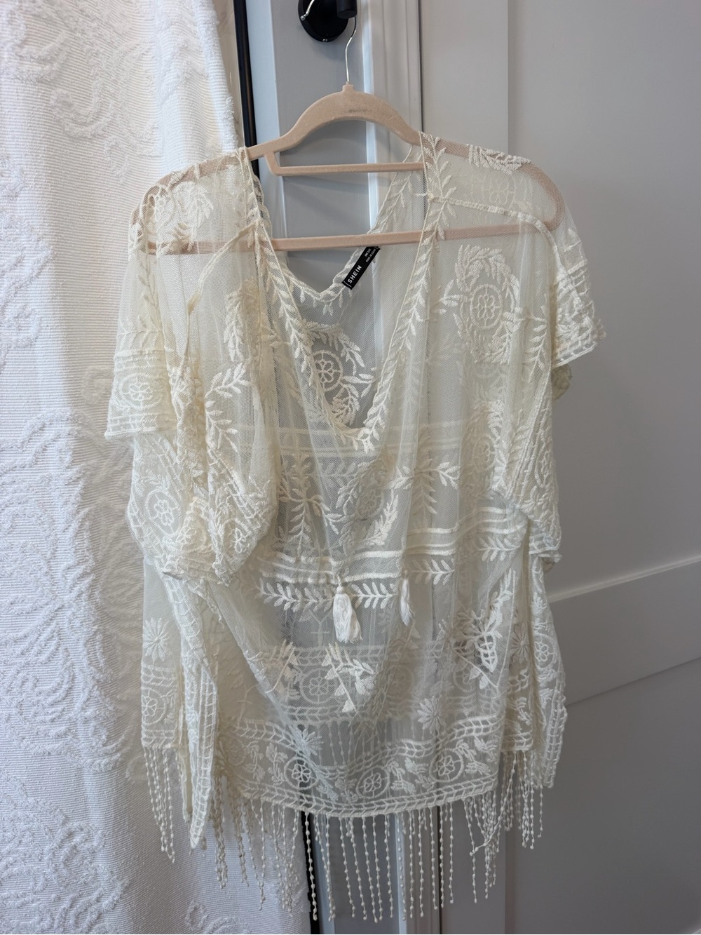 SHEIN Bohemian Embroidered Ivory Sheer Cover Up with Tassel Tie